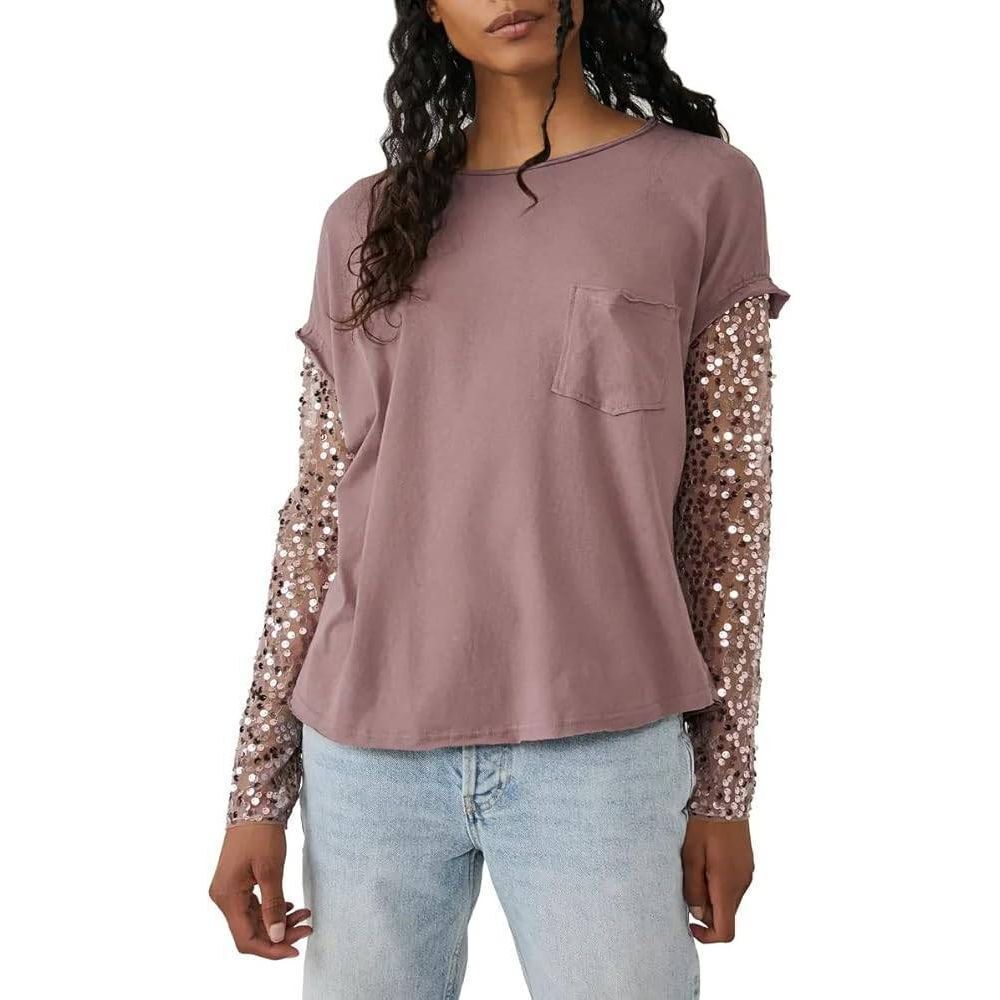 Free People FP Celine Tee Lavender Shadows Medium Sequin McBling Festival Femme